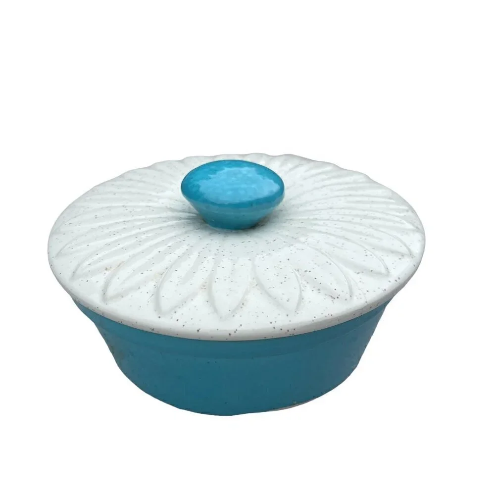 MCM Retro Speckled Turquoise Aqua Seafoam and White Daisy Covered Bowl with Lid